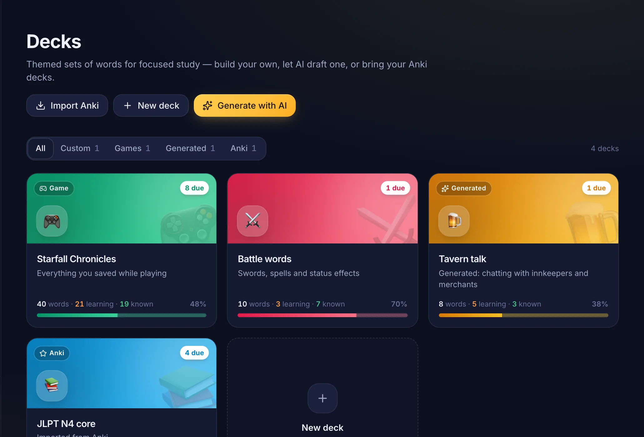 Decks for a game, a topic, a generated deck and an Anki import