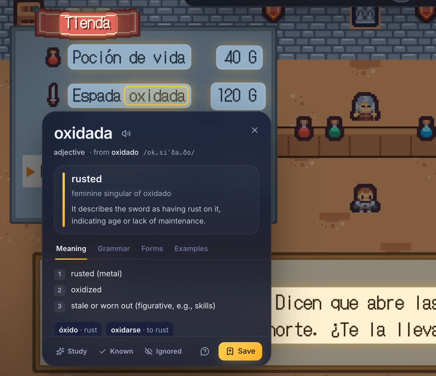 Word card for oxidada, rusty, over a shop menu